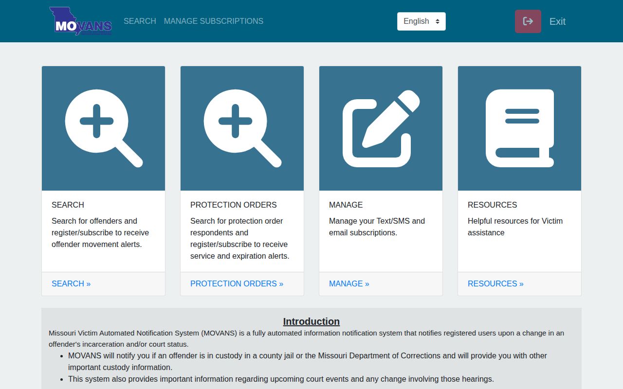 Missouri MOVANS portal used for Buchanan County 72-hour release alerts